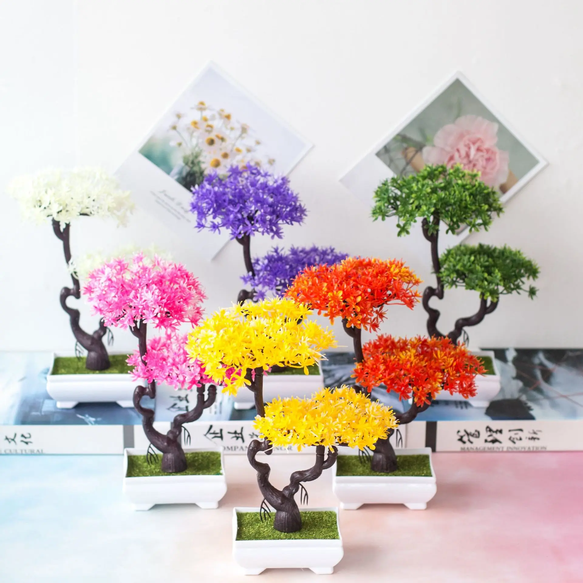 Umelé rastliny s pot farebné bonsai strom ružová/červená/fialová falošné rastliny zelené dekor plastové rastliny borovice pre home/hotel dekor 1