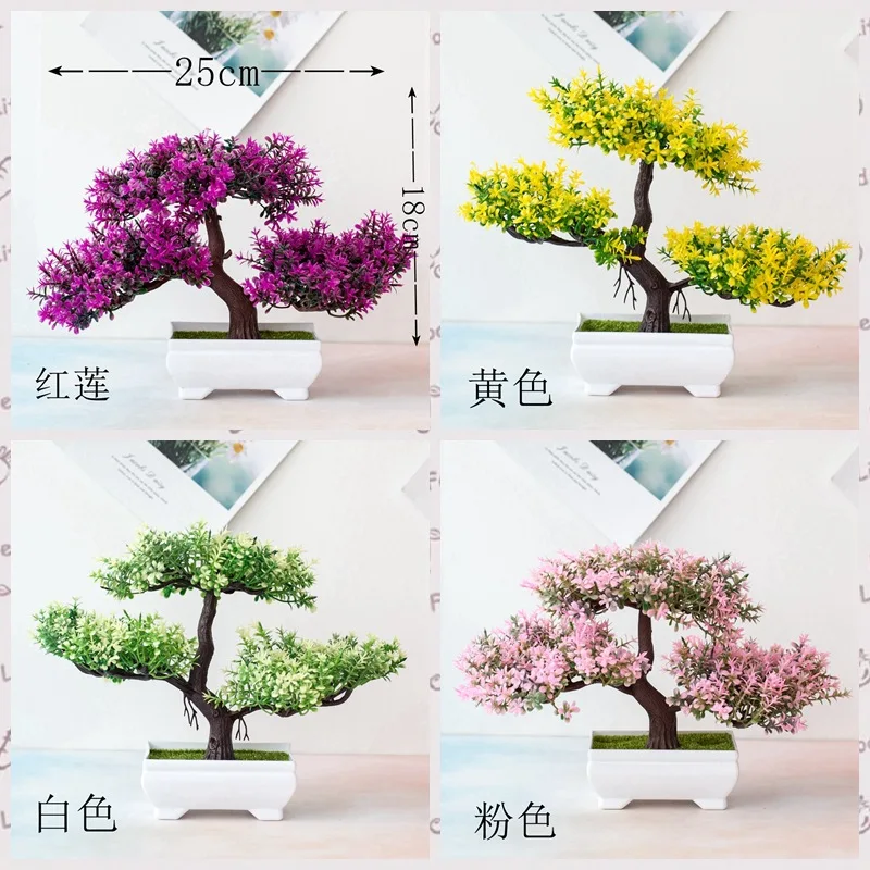 Umelé rastliny s pot farebné bonsai strom ružová/červená/fialová falošné rastliny zelené dekor plastové rastliny borovice pre home/hotel dekor 4