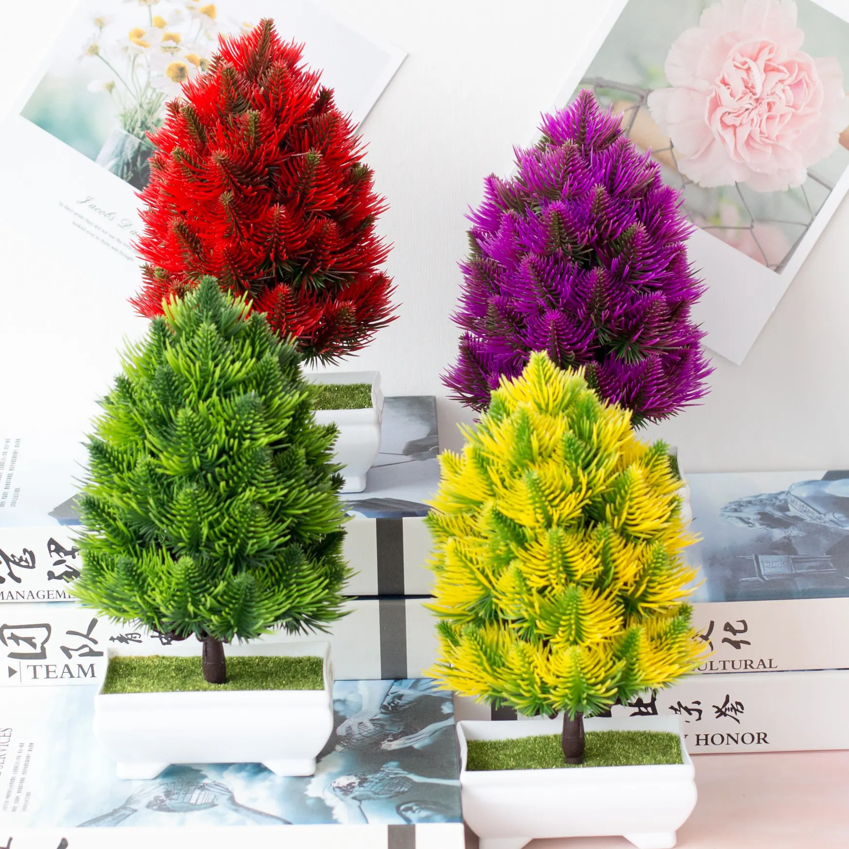 Umelé rastliny s pot farebné bonsai strom ružová/červená/fialová falošné rastliny zelené dekor plastové rastliny borovice pre home/hotel dekor 5