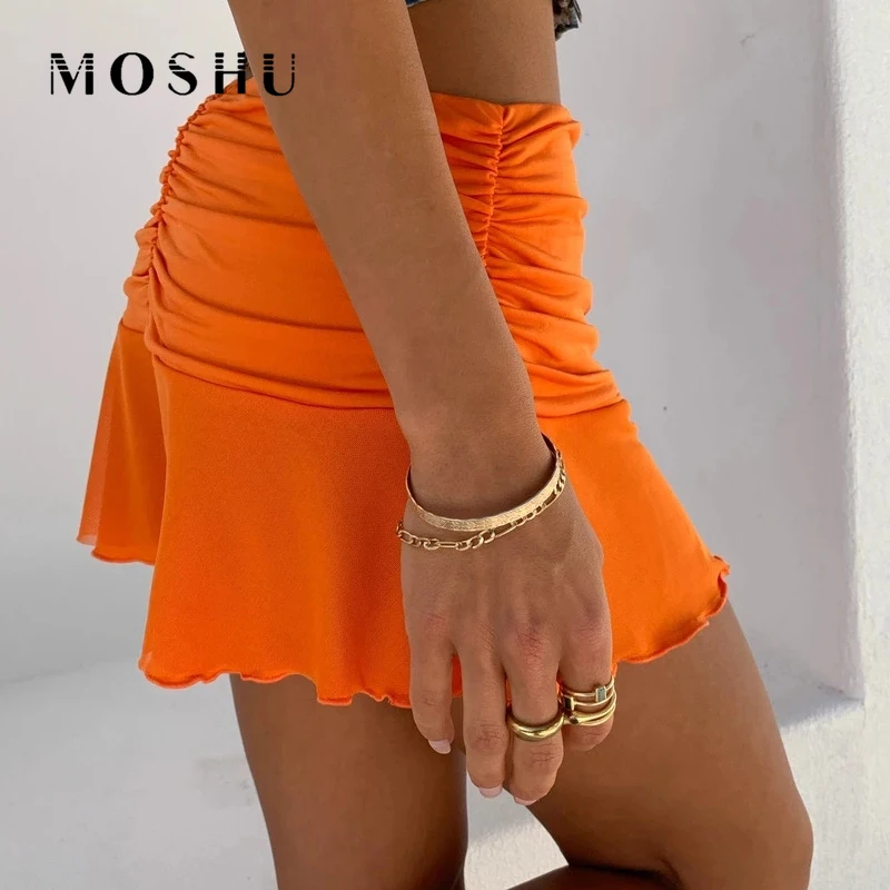 Sexy Ruched Sukne Ženy Lete Vysoký Pás Mini Sukne Ženy Pevné Krátke Sukne Skladaný Y2K Orange Black Streetwear Faldas Mujer 2