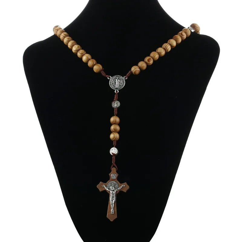 Ručné Kolo Drevené Korálky Ruženec, Náhrdelníky Cross Prívesok pre Ženy Náboženské Ježiš Šperky Matka Dary 0
