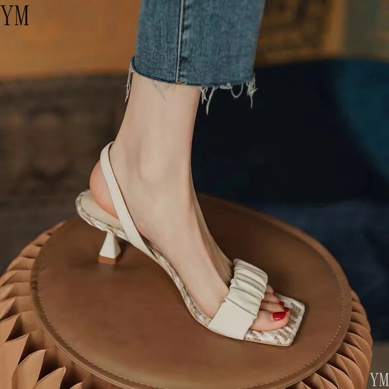 2021 Módne Ženy Sandále Slingback Skladaný Pošmyknúť na Tkaných Topánky Plytké Štvorcové Prst Lete Zapatillas Mujer Casa Sapatos 34-39 1