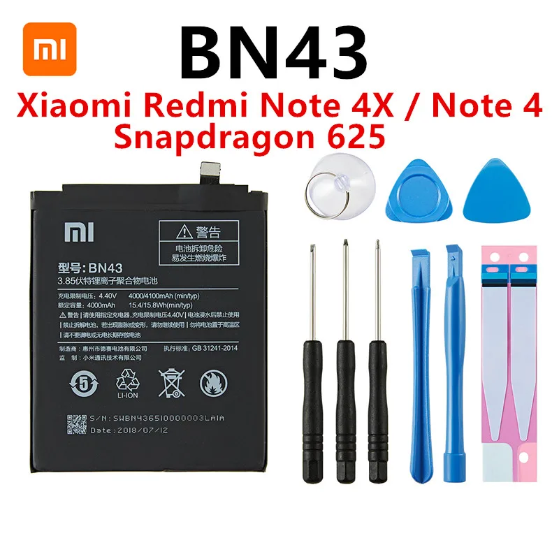 Pôvodnej BN43 Batérie 4000mAh Pre Xiao Redmi Poznámka 4X / Poznámka 4 global Snapdragon 625 Vysokej Kvality BN43 Batérie +Nástroje 1