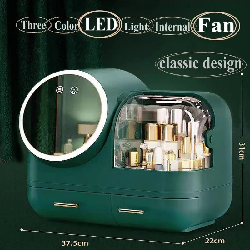 Módne make-up organizátor BOX USB nabíjateľné kozmetické úložný box šperky kontajner prachotesný zásuvky nepremokavé zrkadlo LED lampa 0