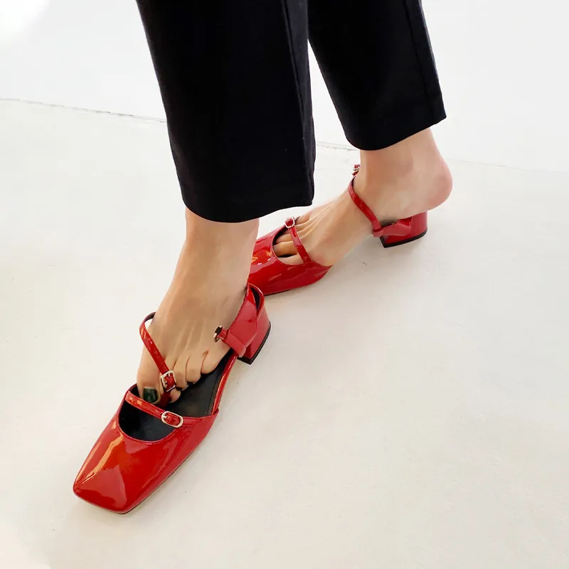 FEDONAS Vintage Ženy Červené Sandále 2021 Lete pravej Kože Námestie Špičkou Topánky Žena Pracky Najnovšie Svadobné Party Čerpadlá Ženy 1
