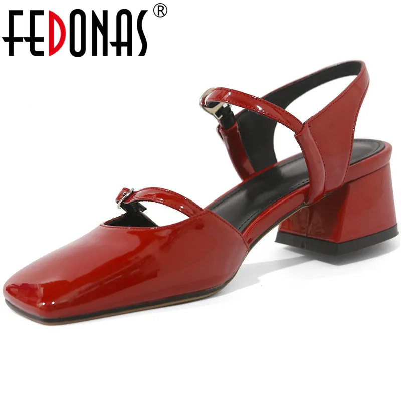 FEDONAS Vintage Ženy Červené Sandále 2021 Lete pravej Kože Námestie Špičkou Topánky Žena Pracky Najnovšie Svadobné Party Čerpadlá Ženy 5