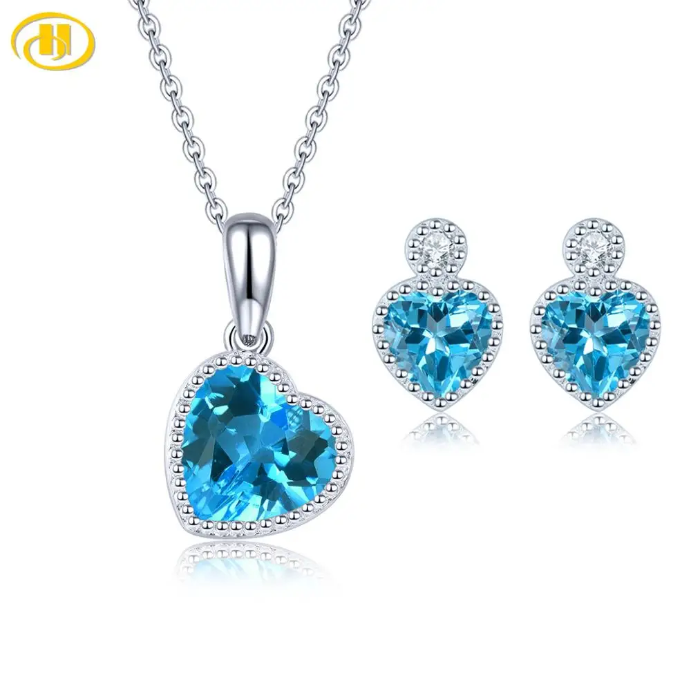 Hutang Prírodné Blue Topaz Mincový Striebro Šperky Set 5 Karátov Geniune Drahokam Srdce Krásne Štýl pre Ženy Výročie Dary 4