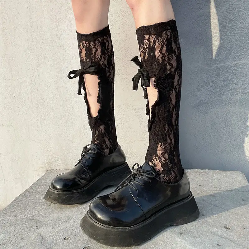 Gotický Tmavé Čipky Teľa Ponožky Žena Lete 2021 Harajuku Výšivky Kvet Čiernej Duté Trubice Ponožky Lolita Kawaii Loli Ponožka Ženy 1