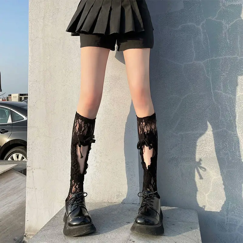 Gotický Tmavé Čipky Teľa Ponožky Žena Lete 2021 Harajuku Výšivky Kvet Čiernej Duté Trubice Ponožky Lolita Kawaii Loli Ponožka Ženy 2