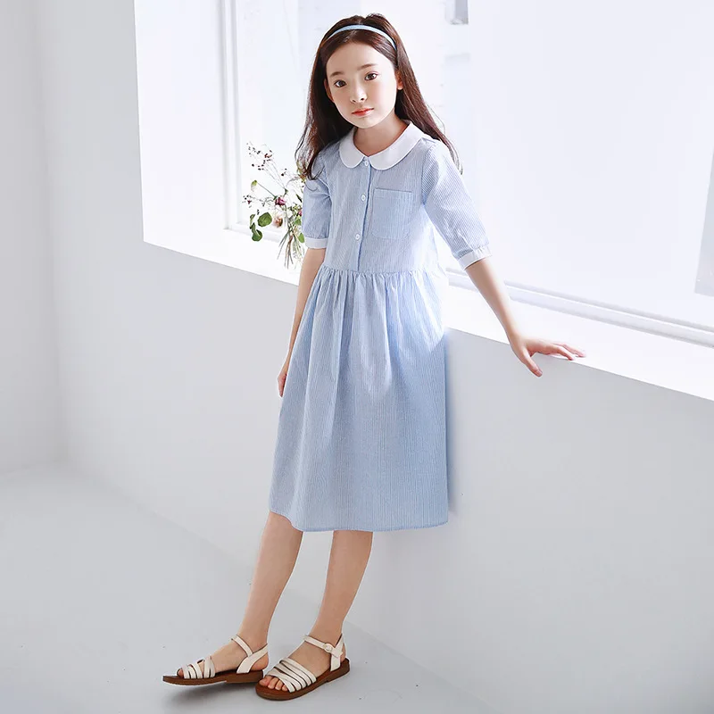 Letné 2021 Nová Bábika Golier Kórejský Štýl Detí Oblečenie Stručný Dospievajúce Dievčatá Pruhované Oblečenie Pre Voľný Čas Bavlna Patchwork, #9426 0