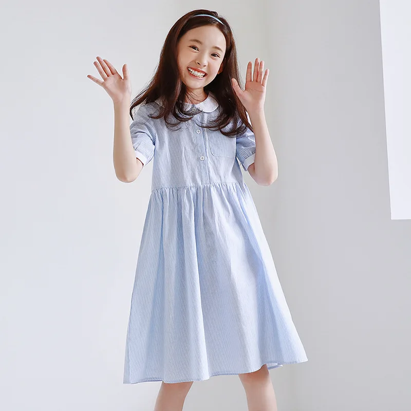 Letné 2021 Nová Bábika Golier Kórejský Štýl Detí Oblečenie Stručný Dospievajúce Dievčatá Pruhované Oblečenie Pre Voľný Čas Bavlna Patchwork, #9426 1