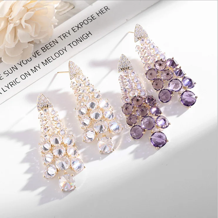 Micro-mozaikové farebné náušnice zirkón ženy hrozna zoskupení elegantné fialové ucho šperky 1