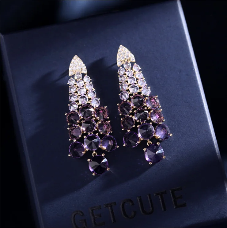 Micro-mozaikové farebné náušnice zirkón ženy hrozna zoskupení elegantné fialové ucho šperky 2