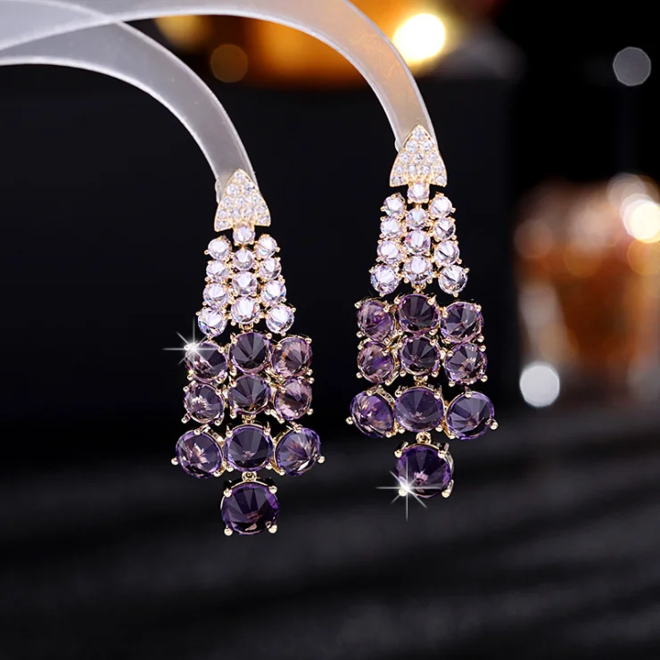 Micro-mozaikové farebné náušnice zirkón ženy hrozna zoskupení elegantné fialové ucho šperky 3