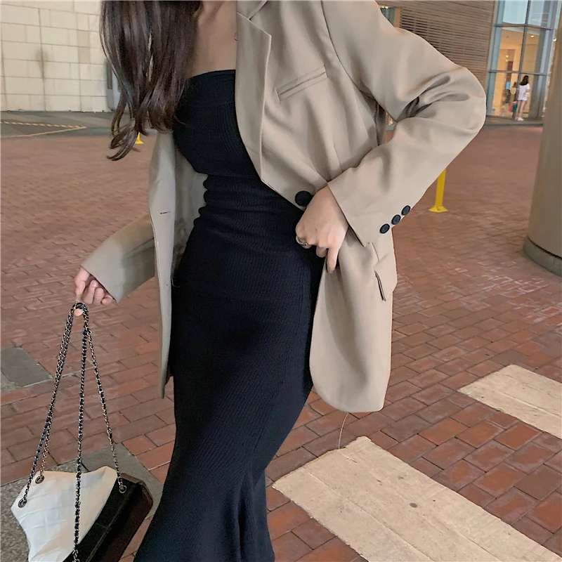 Retro sexy tube top čierne šaty žena 2021 jar nové slim strednej dĺžky nepravidelných sukne malé oblek 4