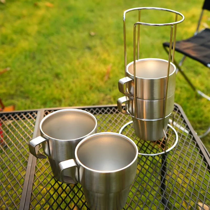 4 Ks Vonkajšie Nehrdzavejúcej Ocele Camping Hrnček Cup Set s podstavcom Držiteľ Whisky Víno Dvojité Steny Riad Kávu, Čaj Piknik Pohár Hrnček 3