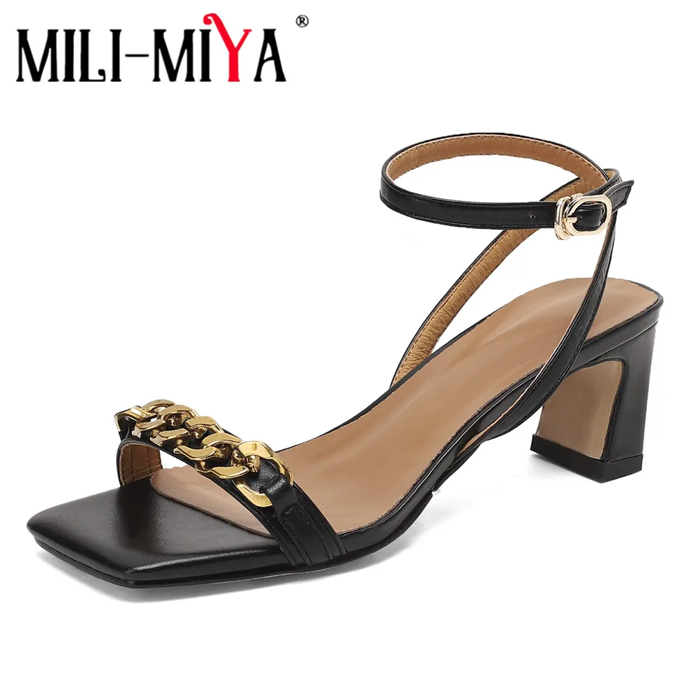 MILI-MIYA Módne Originálne Kožené Ženy Sandále 2021 Luxusné Kovové Dekorácie Reťazca Námestie Típat Prst Vysoké Podpätky Dámy Nové Letné 1