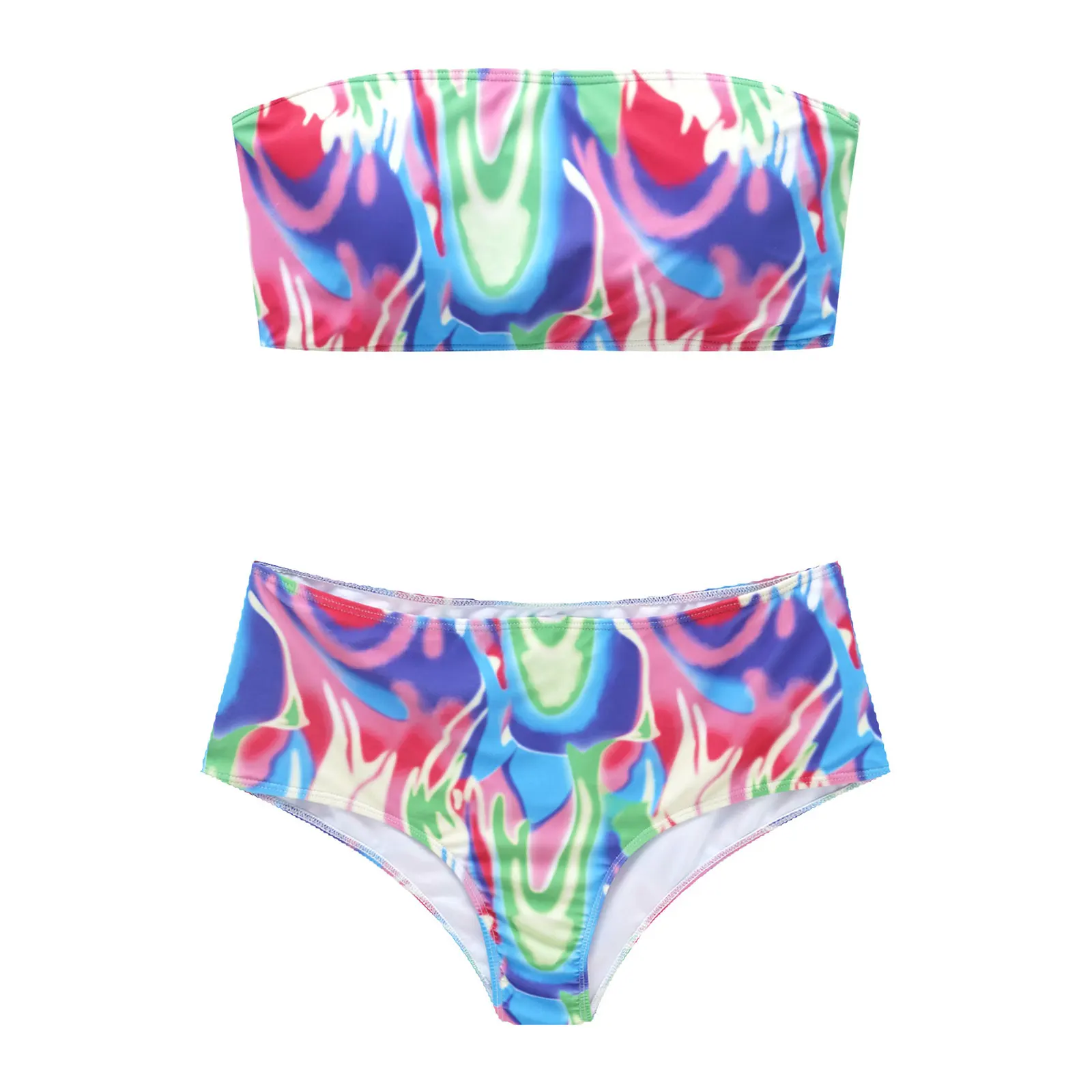 TiaoBug 2ks Ženy Letné Farebné Tlač Plus Veľkosť Bikini Vyhovovali Plavky Odnímateľné Podložky Bez Ráfiky Trubice Topy A Nohavičky Nastaviť 0