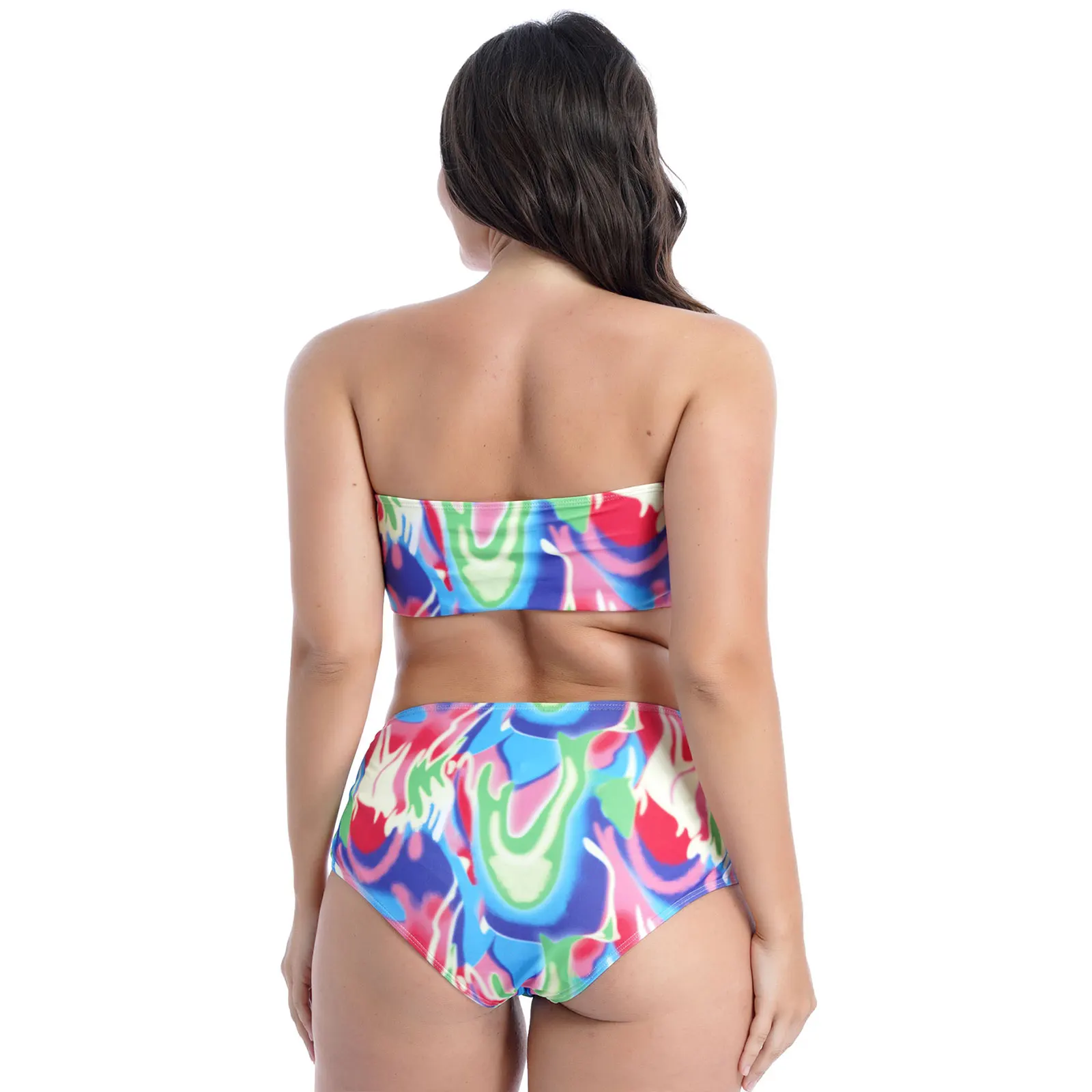 TiaoBug 2ks Ženy Letné Farebné Tlač Plus Veľkosť Bikini Vyhovovali Plavky Odnímateľné Podložky Bez Ráfiky Trubice Topy A Nohavičky Nastaviť 4