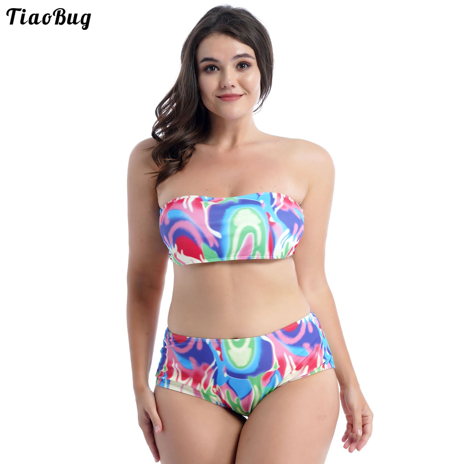 TiaoBug 2ks Ženy Letné Farebné Tlač Plus Veľkosť Bikini Vyhovovali Plavky Odnímateľné Podložky Bez Ráfiky Trubice Topy A Nohavičky Nastaviť 5