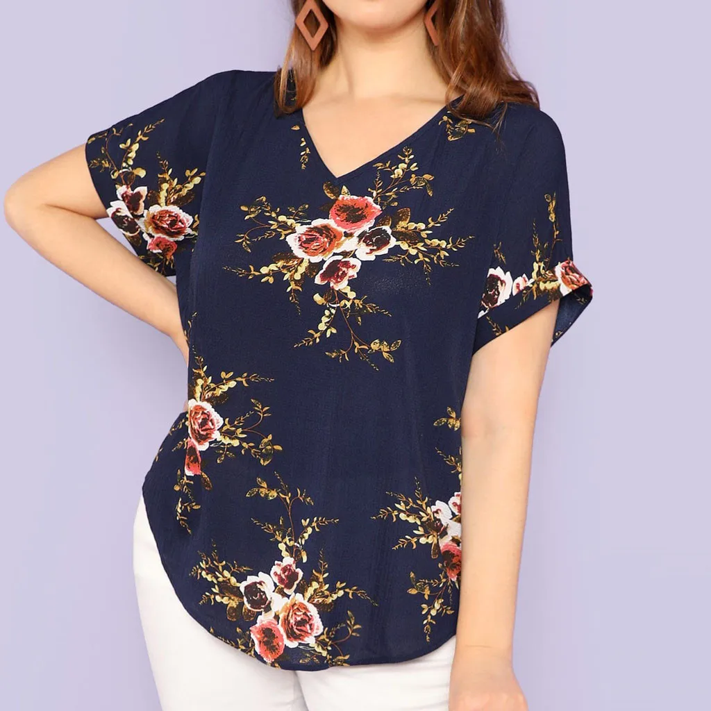 Móda Žena Blúzky Plus Veľkosť tvaru Krátke Cuffed Rukáv Nadrozmerné Blúzka Kvetinový Tlačiť Bežné Top harajuku футболка 0
