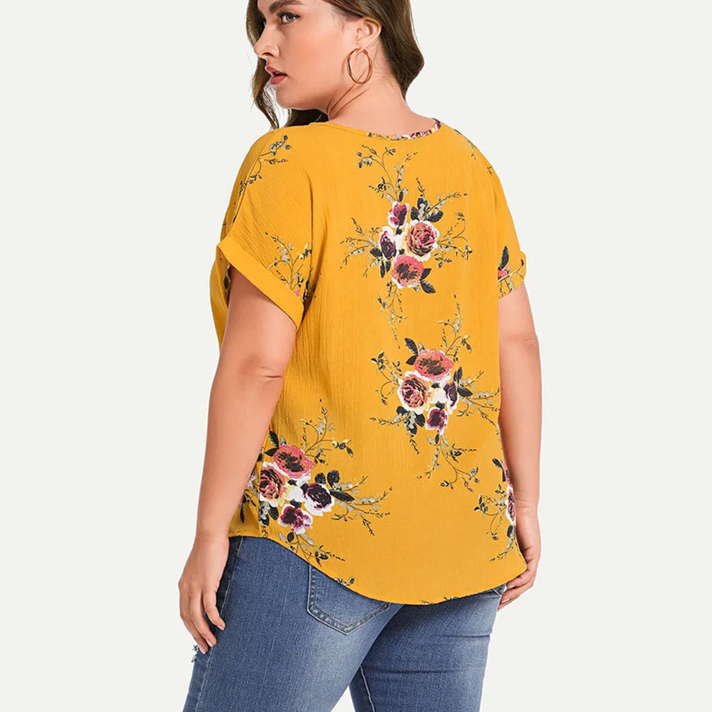 Móda Žena Blúzky Plus Veľkosť tvaru Krátke Cuffed Rukáv Nadrozmerné Blúzka Kvetinový Tlačiť Bežné Top harajuku футболка 2