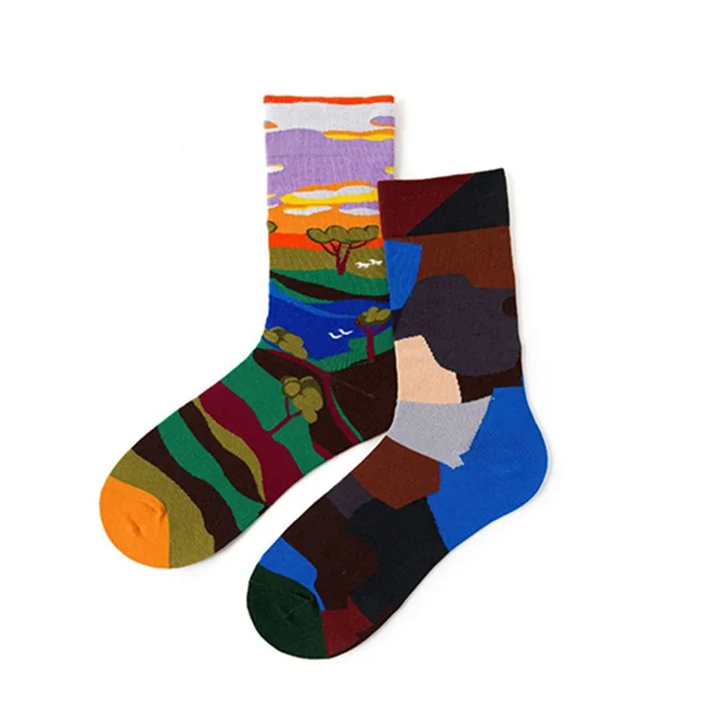 Výtvarné Umenie Dizajn Kawaii Párov Ponožky Ženy Abstraktné Znázornenie Olejomaľba Šťastný Ponožky Štyri Ročné Obdobia Ponožky Rovno Ponožky 3