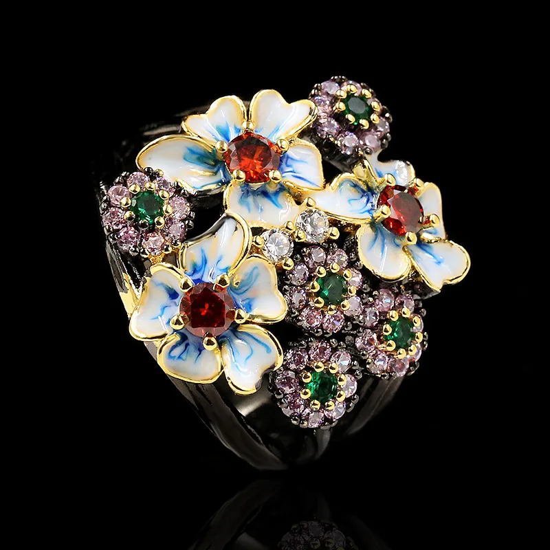 CHARLINLIOL Starožitné Temperament Elegantná Kvetina Prstene pre Ženy Ušľachtilý 925 Silver Smalt Zirkón Unikátne Čierne Zlato Prst Prsteň 4