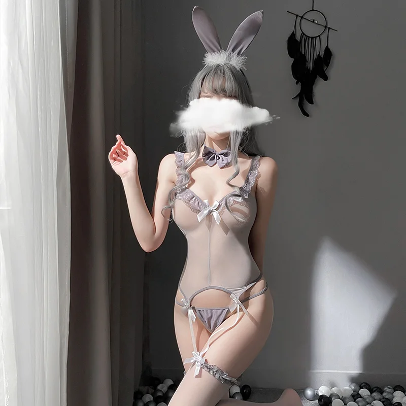 Roztomilý Králik Chvost Transparentné Kombinézu Ženy Vidieť Cez Siamské Pančuchy Podväzok Sex Nastaviť Sexy Lolita Bunny Dievča Cosplay Kostým 2