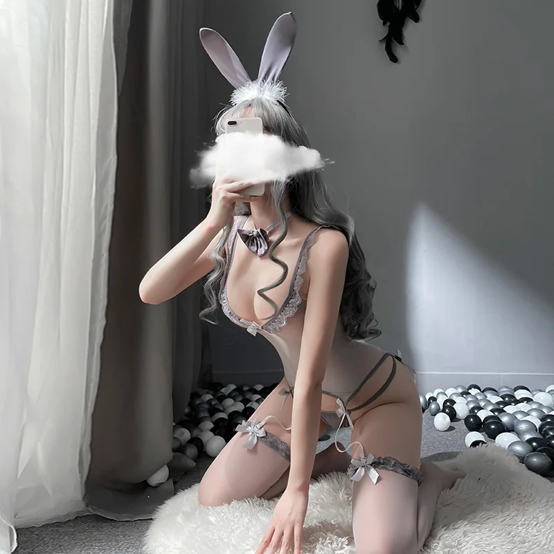 Roztomilý Králik Chvost Transparentné Kombinézu Ženy Vidieť Cez Siamské Pančuchy Podväzok Sex Nastaviť Sexy Lolita Bunny Dievča Cosplay Kostým 4