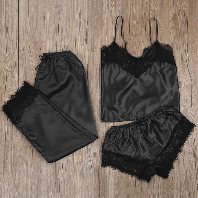 3ks Ženy Saténová Čipka Oka Sleepwear 9 Farbách oblečenie pre voľný čas Odev Pyžamá Nastaviť Žena Sexy Sleepwear Oblečenie 2020 Hot Predaj 2