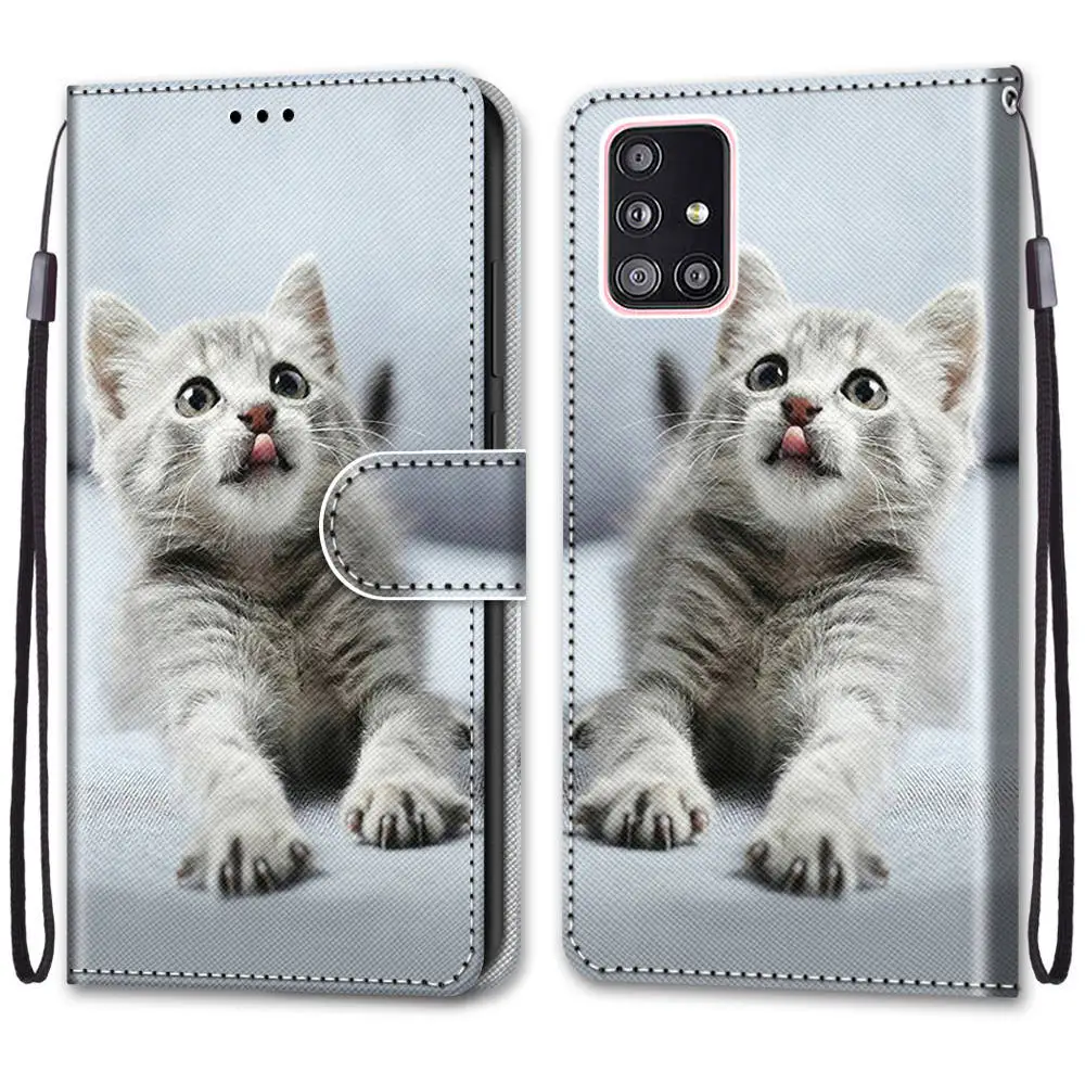 Flip Kožené Telefón puzdro Pre Samsung Galaxy A02 A02S A12 A32 A42 A52 A72 5G Peňaženky Karty Držiteľa Stojan Knižné Mačka, Pes Maľované 1