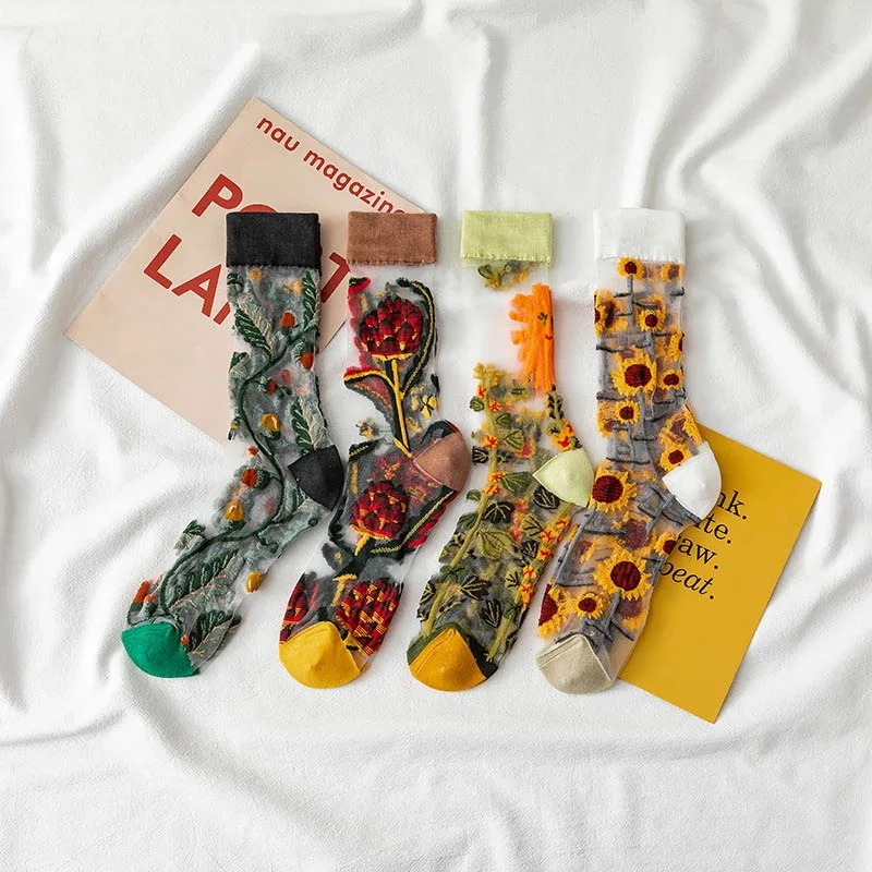 Novinka Harajuku Nový Produkt Crystal Hodváb Príliv Ponožky Zábavné Slnečnice Vína Kvety Šťastný Ženy Ponožky Bežné Vysokej Kvality Sox 1