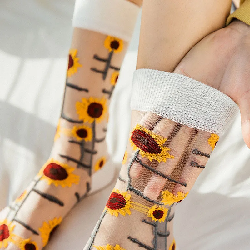 Novinka Harajuku Nový Produkt Crystal Hodváb Príliv Ponožky Zábavné Slnečnice Vína Kvety Šťastný Ženy Ponožky Bežné Vysokej Kvality Sox 3