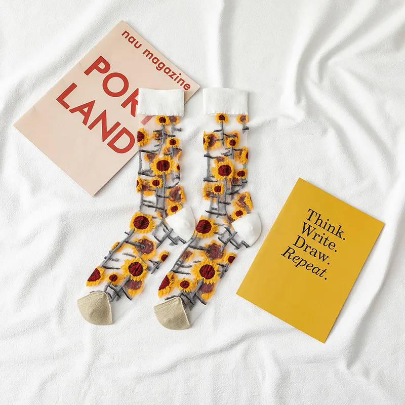 Novinka Harajuku Nový Produkt Crystal Hodváb Príliv Ponožky Zábavné Slnečnice Vína Kvety Šťastný Ženy Ponožky Bežné Vysokej Kvality Sox 5