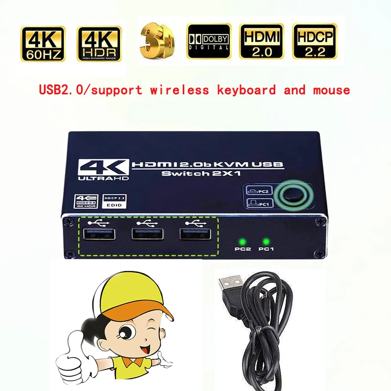 Ako hdmi2.0 KVM prepínač 4K 60Hz HDCP USB počítača monitorovania 2 v 1 z klávesnice a myši USB zdieľania 2-port switch 3