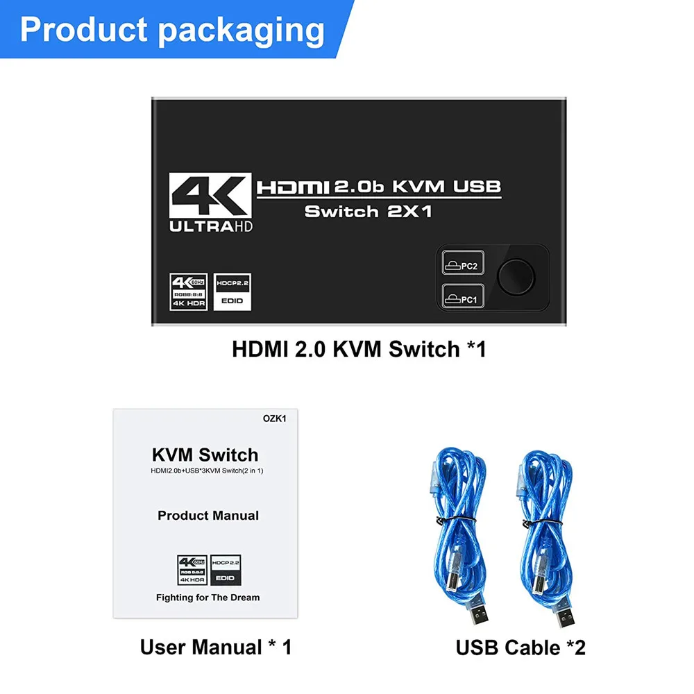 Ako hdmi2.0 KVM prepínač 4K 60Hz HDCP USB počítača monitorovania 2 v 1 z klávesnice a myši USB zdieľania 2-port switch 5