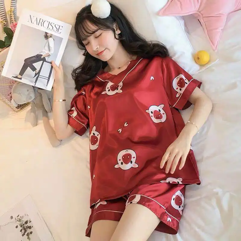 FINETOO Nové Letné M-2XL tvaru Pyžamo Set pre Ženy, Dámy Krásne Kreslené Tlač Sleepwear Ženskej Módy Krátky Rukáv Domov Oblek 1