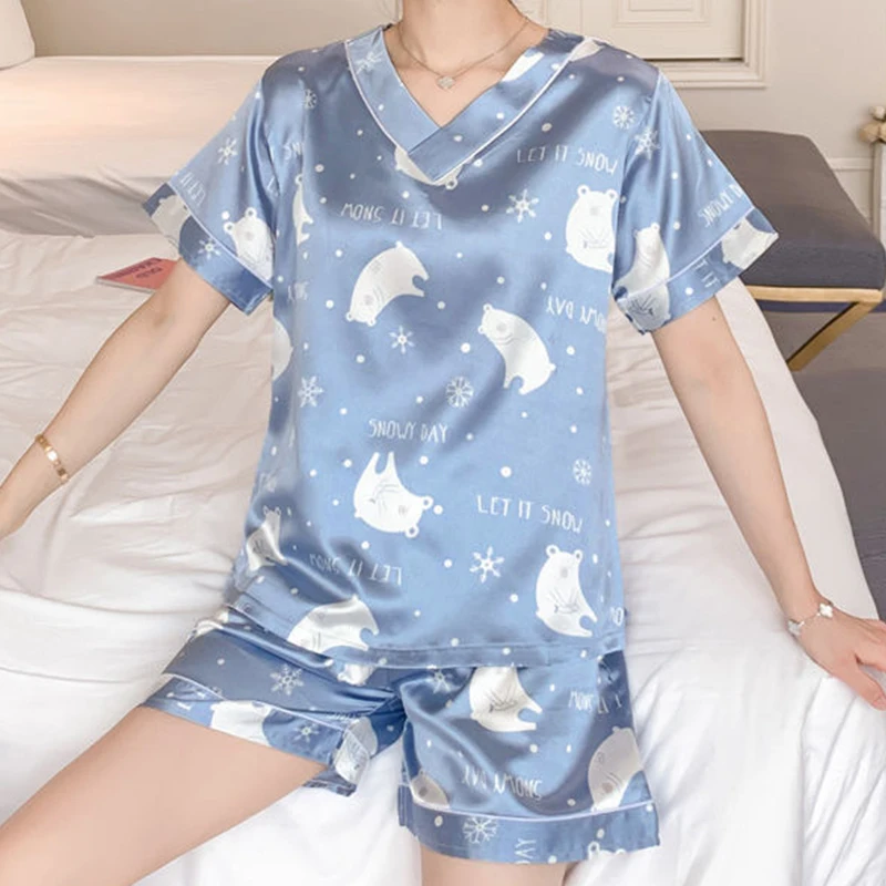 FINETOO Nové Letné M-2XL tvaru Pyžamo Set pre Ženy, Dámy Krásne Kreslené Tlač Sleepwear Ženskej Módy Krátky Rukáv Domov Oblek 2