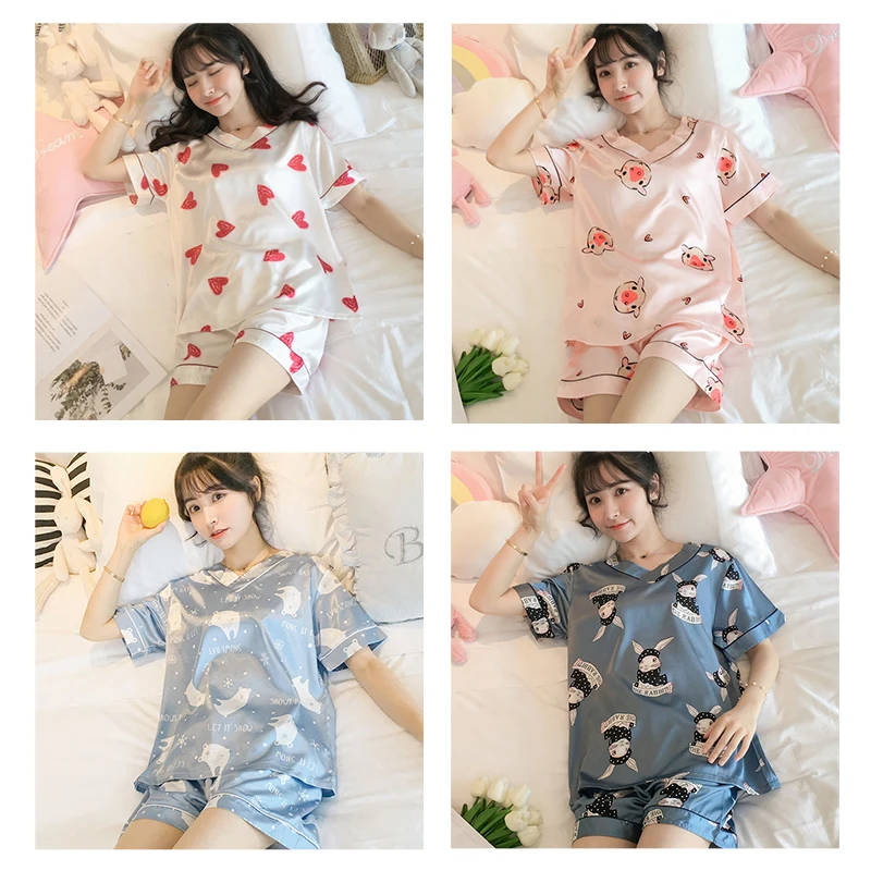 FINETOO Nové Letné M-2XL tvaru Pyžamo Set pre Ženy, Dámy Krásne Kreslené Tlač Sleepwear Ženskej Módy Krátky Rukáv Domov Oblek 3