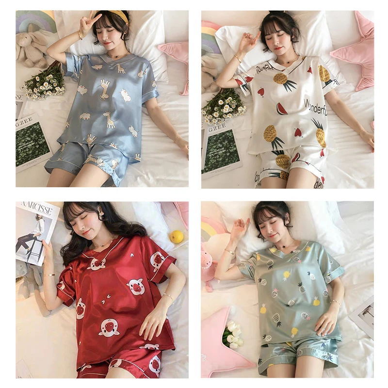 FINETOO Nové Letné M-2XL tvaru Pyžamo Set pre Ženy, Dámy Krásne Kreslené Tlač Sleepwear Ženskej Módy Krátky Rukáv Domov Oblek 4