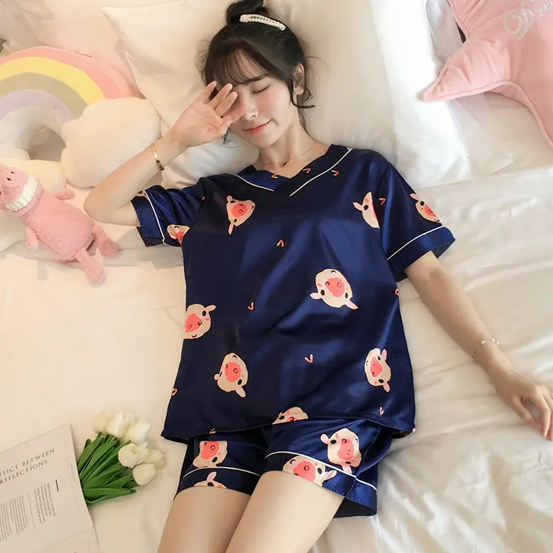 FINETOO Nové Letné M-2XL tvaru Pyžamo Set pre Ženy, Dámy Krásne Kreslené Tlač Sleepwear Ženskej Módy Krátky Rukáv Domov Oblek 5
