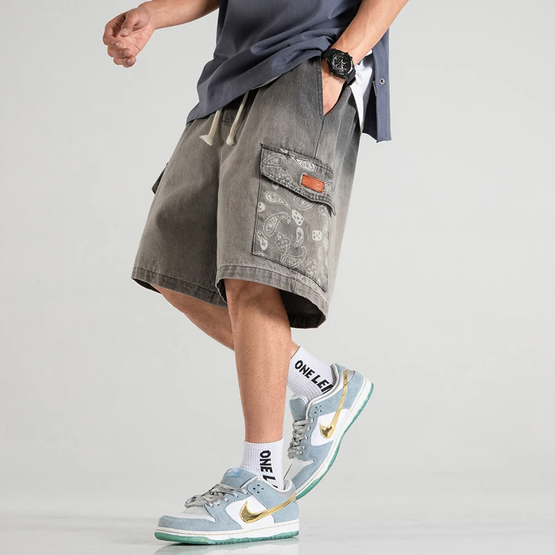 Letné Japonské Streetwear Kešu Tlač Voľné Plus Veľkosť Tenké Cargo Šortky Harajuku Denim Bežné Nohavice Hip Hop Mužov ClothingSummer 3