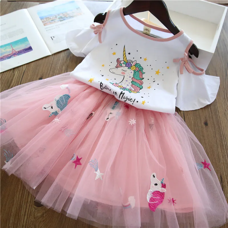 Dievčatá Šaty, Oblečenie Stanovuje Nové Letné Módy Cartoon Králik Vytlačené T-Shirts+Ružové Šaty 2ks Dievčatá Oblečenie Sady 2