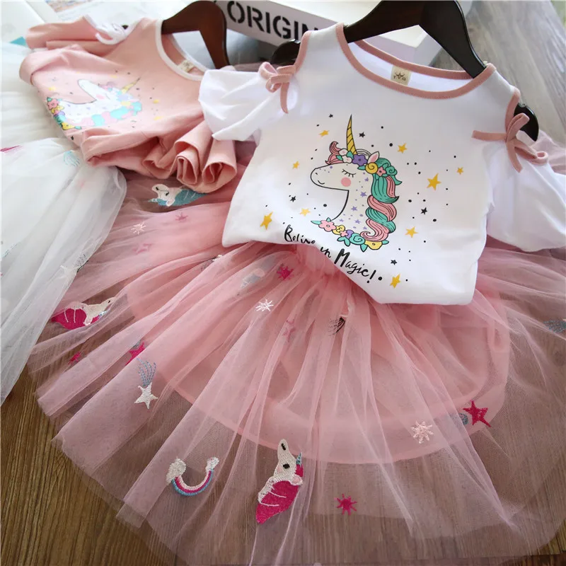Dievčatá Šaty, Oblečenie Stanovuje Nové Letné Módy Cartoon Králik Vytlačené T-Shirts+Ružové Šaty 2ks Dievčatá Oblečenie Sady 5