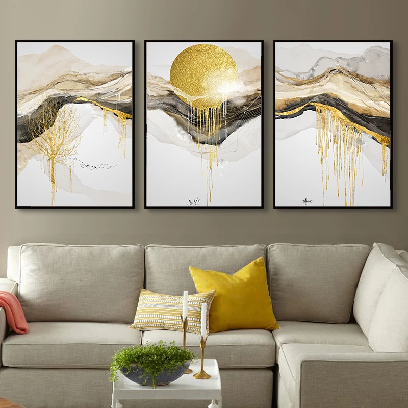 Golden Art Classical Luxury Canvas Painting Home Decor Wall Art Abstract Line Landscape Poster and Print for Living Room Design 2