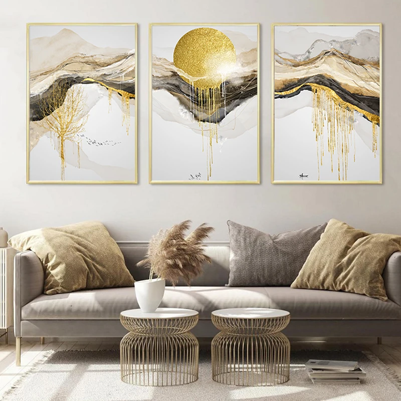 Golden Art Classical Luxury Canvas Painting Home Decor Wall Art Abstract Line Landscape Poster and Print for Living Room Design 4
