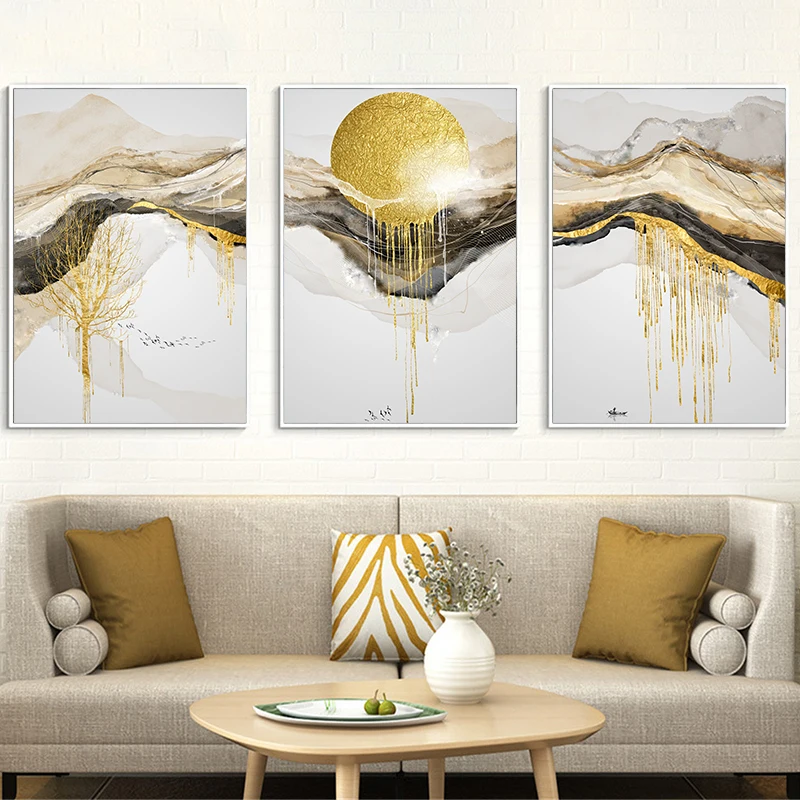 Golden Art Classical Luxury Canvas Painting Home Decor Wall Art Abstract Line Landscape Poster and Print for Living Room Design 5