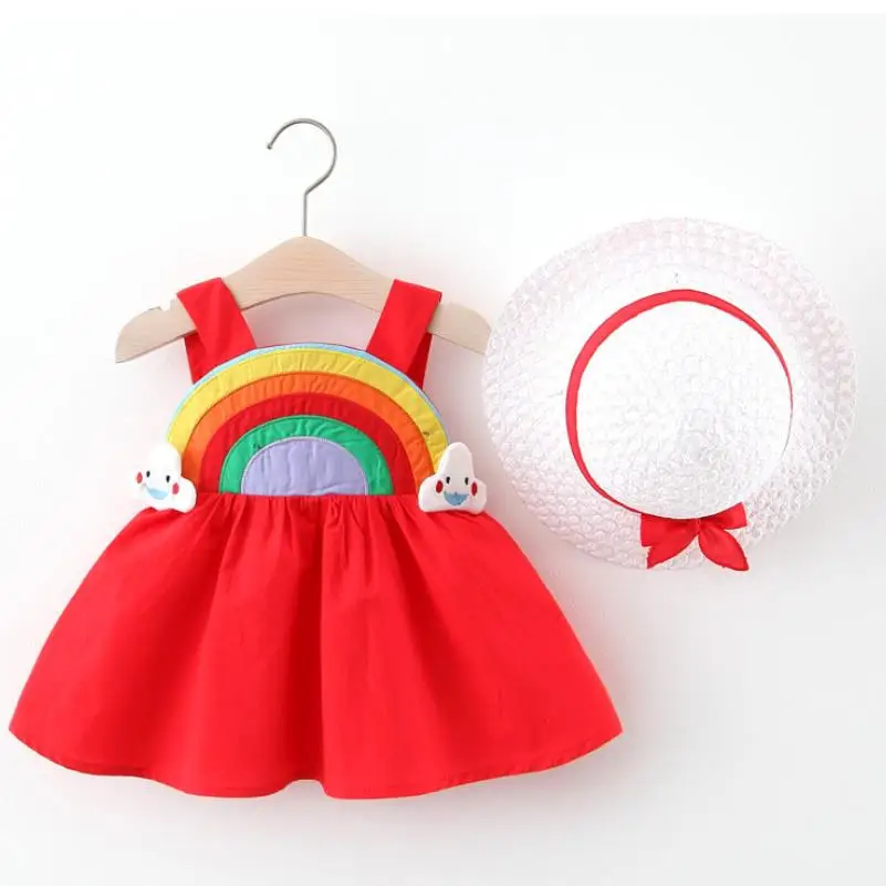 Baby Girl Dress 2021 Nové Letné detské Oblečenie Dievčatá Šaty Dieťa Dievča rainbow košieľka Slamený Klobúk Princezná Šaty 0-3Y 2