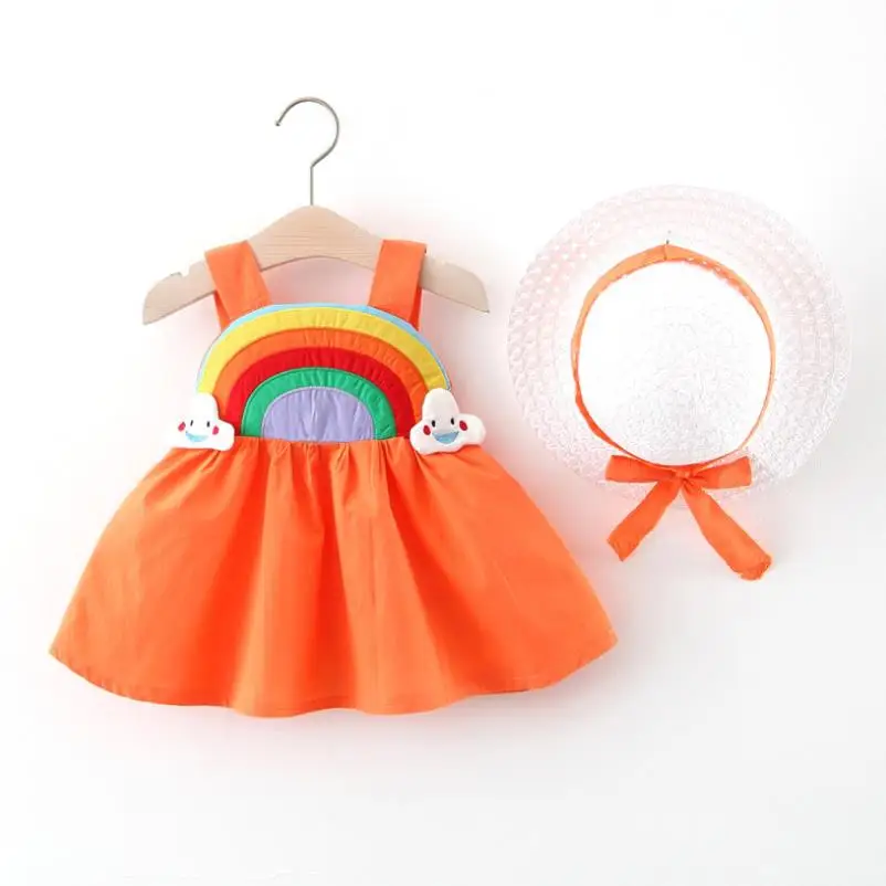Baby Girl Dress 2021 Nové Letné detské Oblečenie Dievčatá Šaty Dieťa Dievča rainbow košieľka Slamený Klobúk Princezná Šaty 0-3Y 4